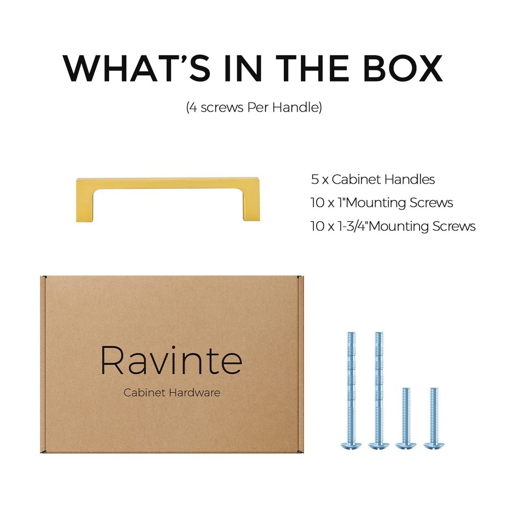 5 Pack Solid 4 Inch Kitchen Square Cabinet Handles Brushed Brass Cabinet Pull...