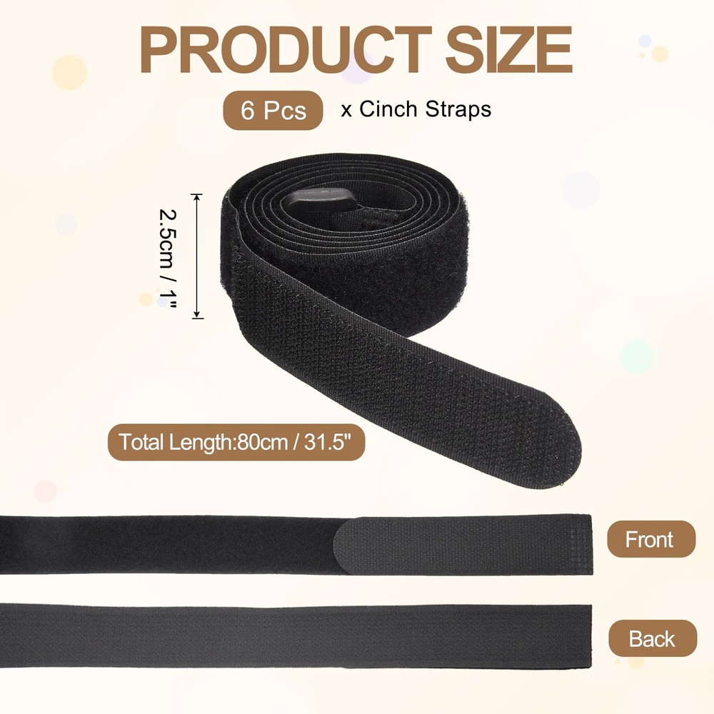 6pcs Reusable Cinch Straps 1"x31.5" Hook and Loop Cable Securing Straps, Black