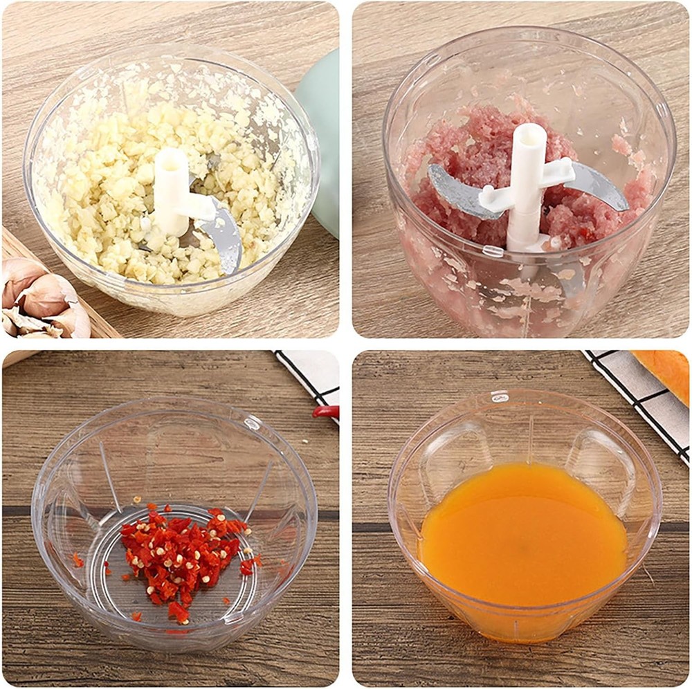 Manual Garlic Chopper 500ml Hand Pull String Vegetable & Spice Cutter Blue