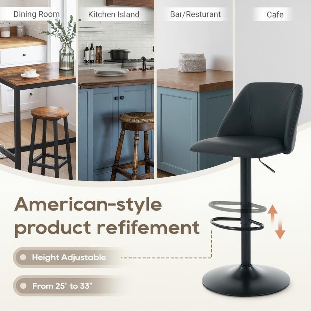 Adjustable Bar Stools, Modern PU Leather Bar Chairs with Curved Mid-Back, 360...