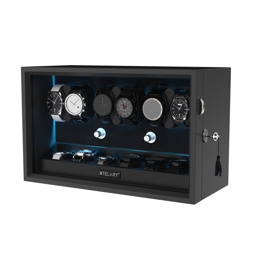 Automatic Rotation 6 Watch Winder Box With 6 Extra Storage Box Blue LED Light