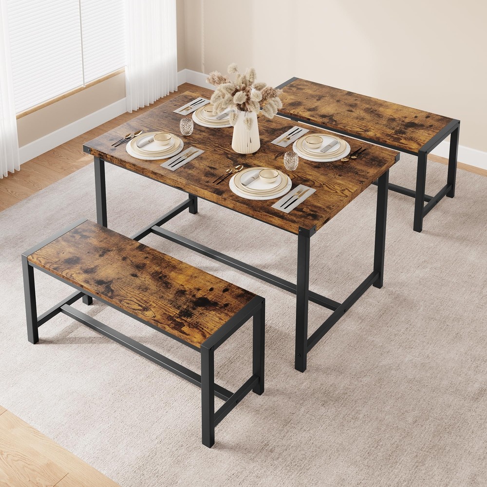 Dining Room Table Set for 4 ,Modern Kitchen Table and 2 Benches for Small Space