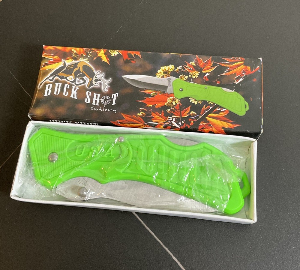 Buck Shot Tactical 5 1/4" Folding Lockback Thumb Stud SS Blade W/Green Handle