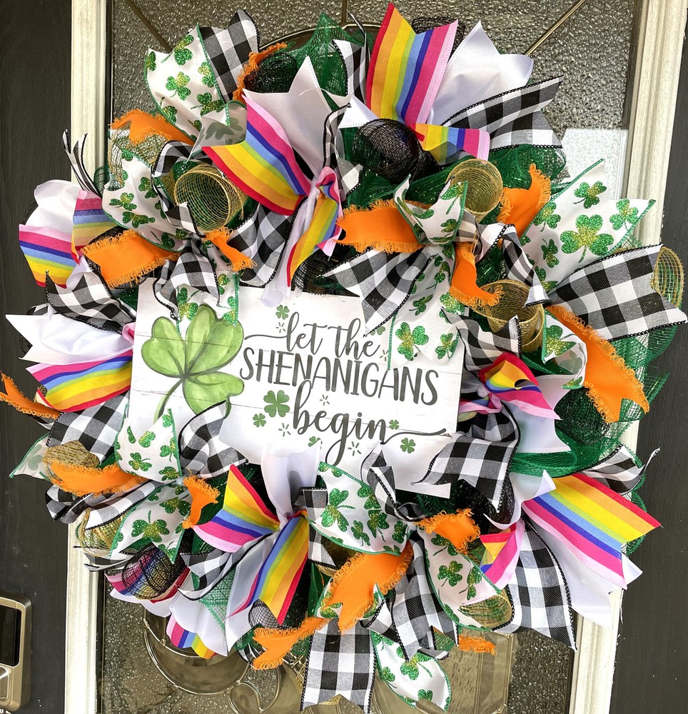 Rainbow Let Shenanigans Begin St. Patricks Day Deco Mesh Front Door Wreath Decor