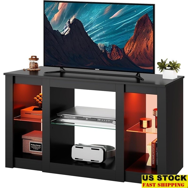 Modern TV Console Stand W/ Adjustable Shelves LED Lighting Small Spaces New