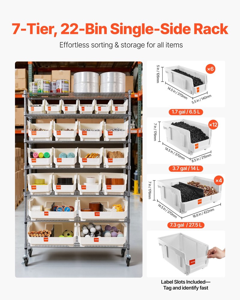 VEVOR Rolling Bin Storage Rack 7-Tier Bin Rack Storage System with 22 Bins