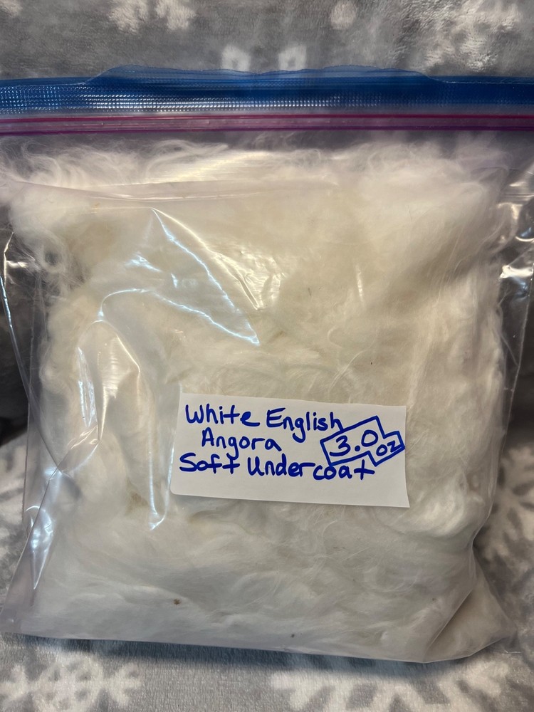 English Angora Rabbit Wool, White colored, very soft in texture 3 oz.