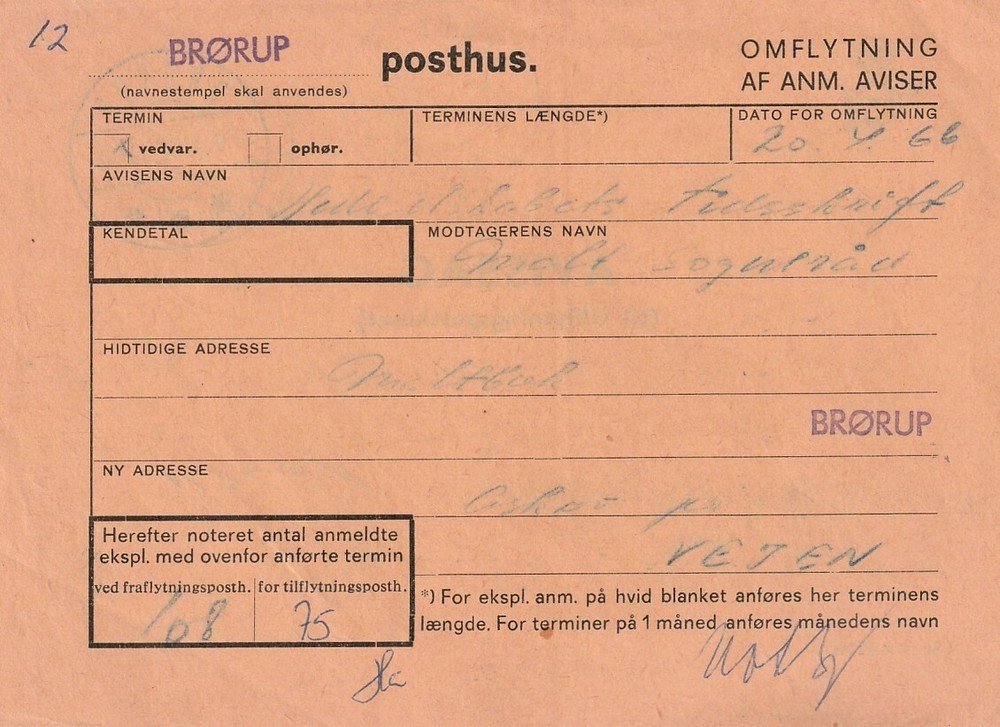 DENMARK: Postal form, newspaper, Brörup 1966.