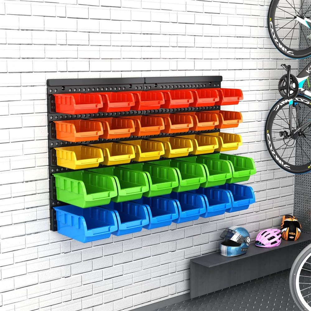 30-Bin Wall Mounted Storage Bins Kit, Tool Organizer Rack, Garage Hardware Or...