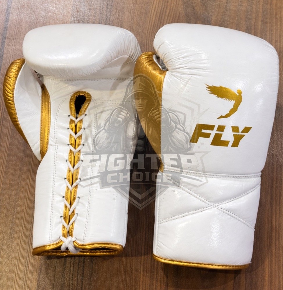 Fly Boxing Set White Gold Cowhide Leather Sparring & Training
