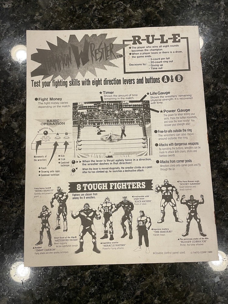 Champion Wrestler Arcade US Instruction Manual