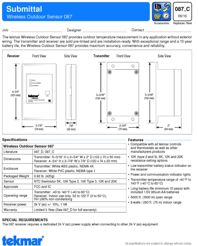 Tekmar [087] Wireless Outdoor Sensor