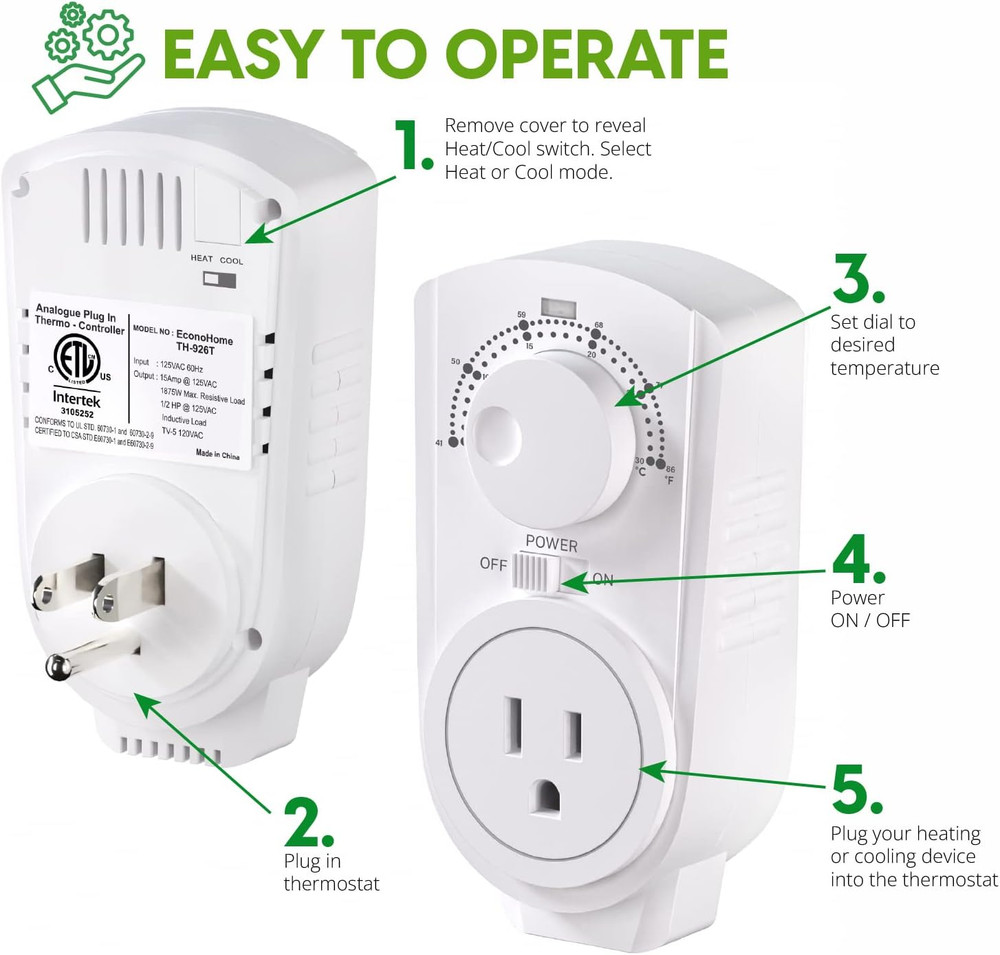 Econohome Adjustable Thermostat - Universal Plugin Heating & Cooling Thermostat