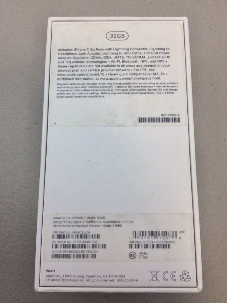 Original Apple iPhone 7- 2016 for Model Black 32 GB Empty Box Only