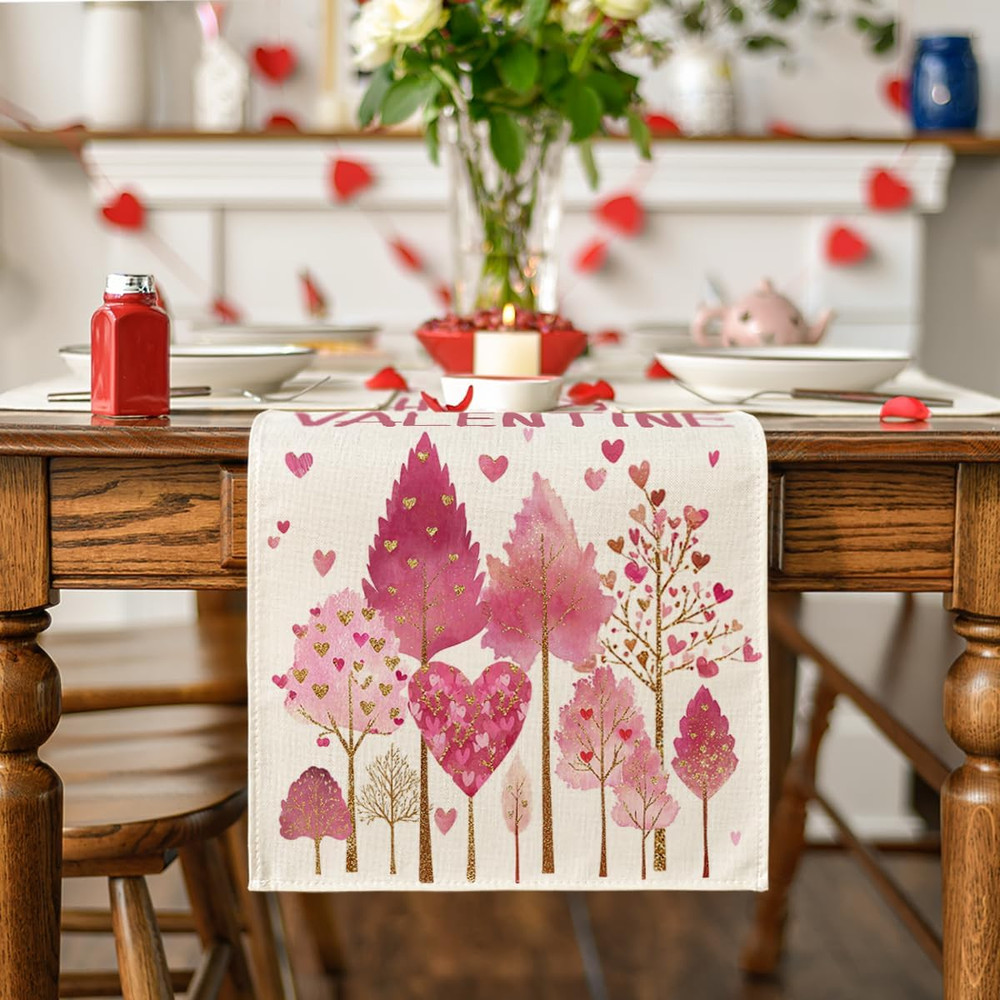 Heart-Shaped Tree 210 GSM Valentine'S Table Runner, Wedding Anniversary Kitchen