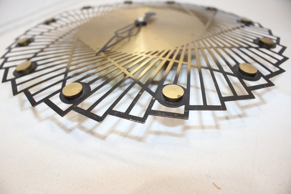 Vintage Weimar Electronic Wall Clock Brass "sawblade" style, WORKS, needs a hand