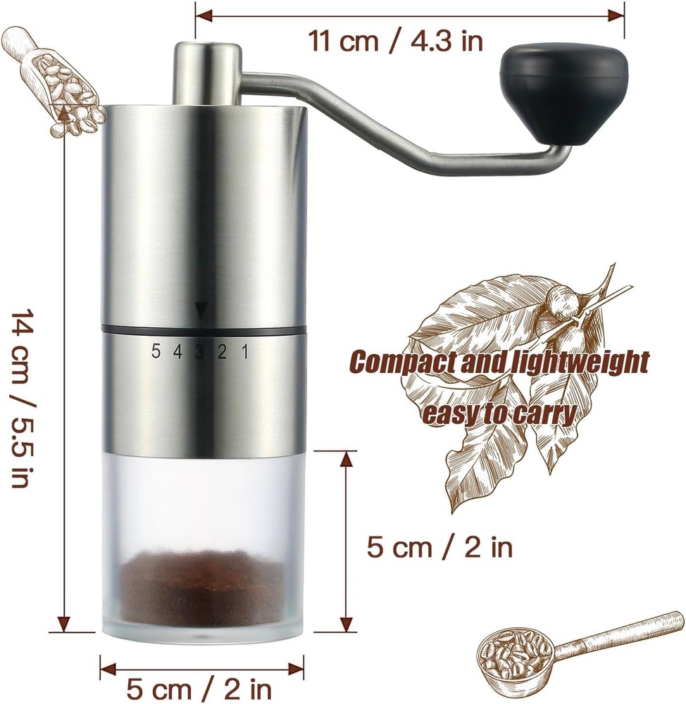 Portable Manual Coffee Grinder - Ceramic Conical Burr with 5 Adjustable Settings