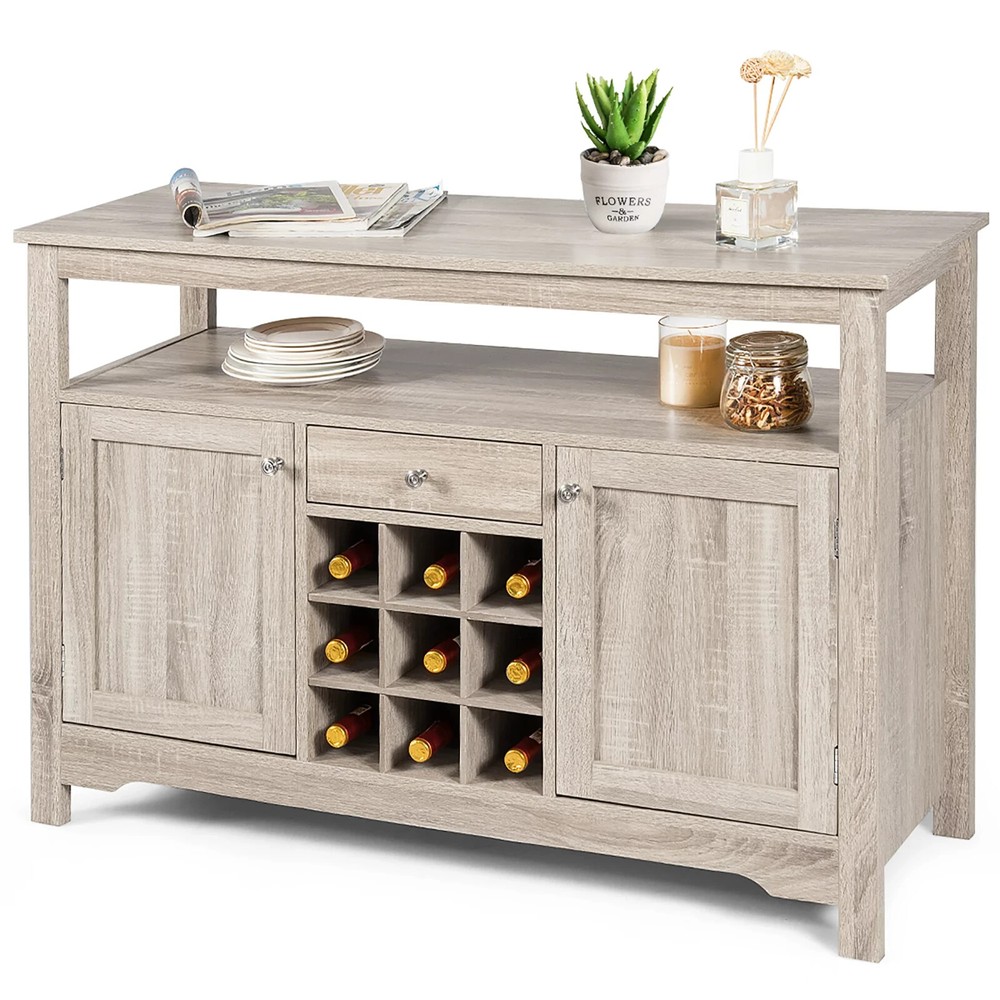 Sideboard Buffet Console Cabinet Table Storage Drawers Shelves Wine Rack Gray