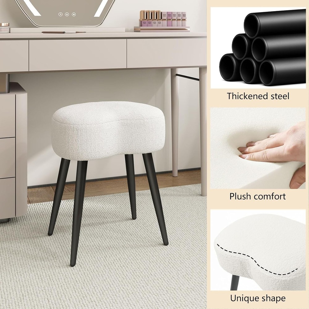 White Vanity Stool Soft Makeup Stool W/ Solid Metal Legs Vanity Corner Morden