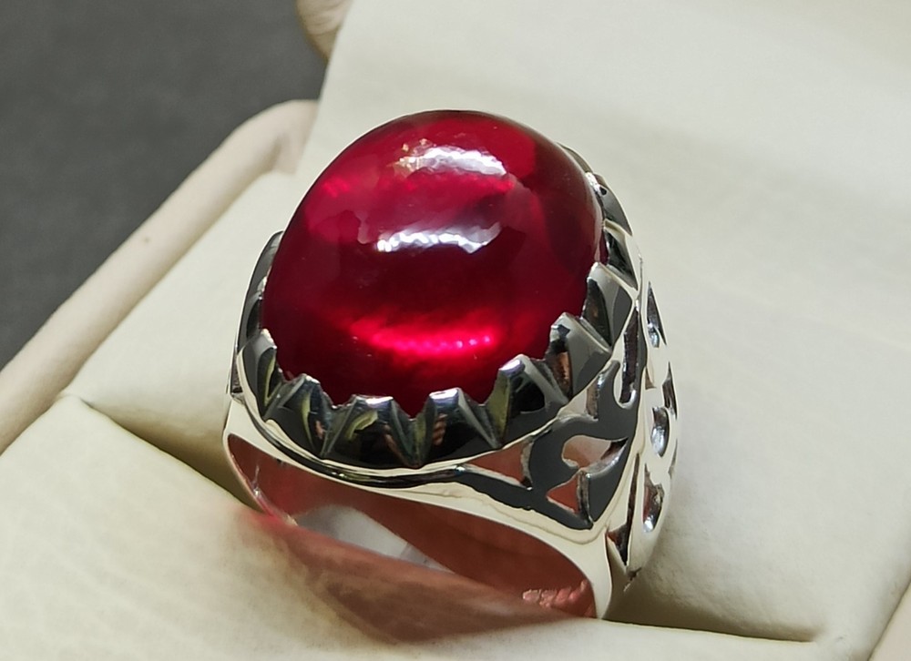 Cabochon Deep Red Ruby Men’s Ring 925 Sterling Silver Handmade Yakoot Rubin