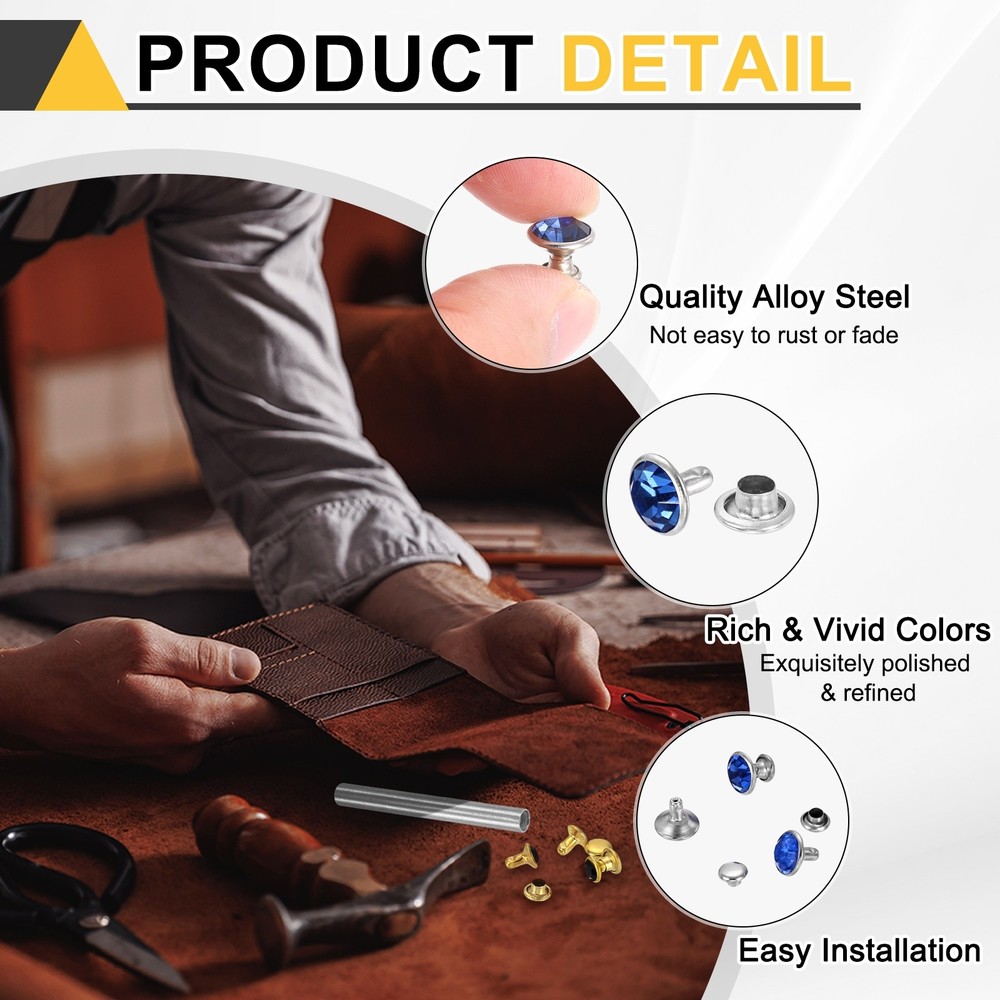 100pcs Crystal Rivets 9mm Rhinestone Stud with Tool, Silver Light Blue