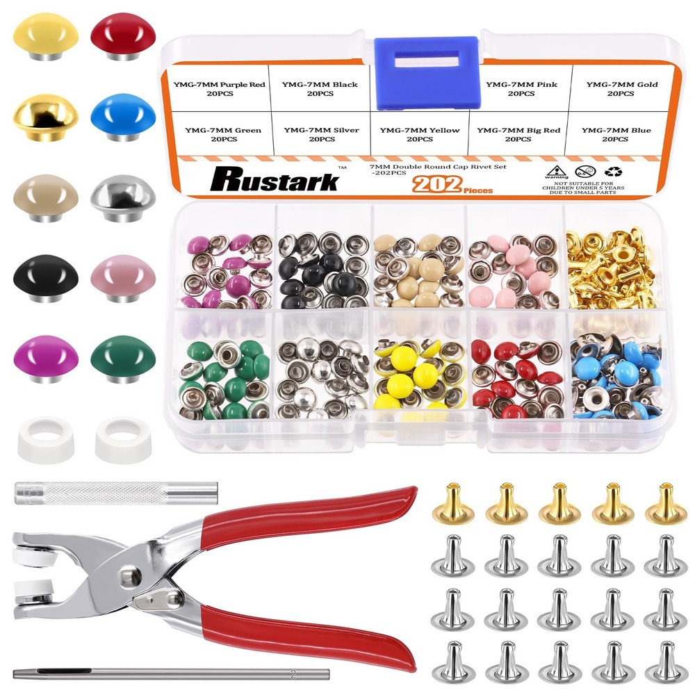 200 Sets 7mm Double Round Cap Leather Rivets with 5Pcs Fixing Tools Kit, 10 C