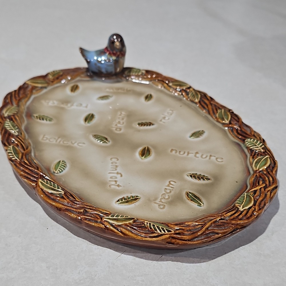 Oval Ceramic Plate 10x8 Small Bird Handle Leaf Border Words, Glossy Rustic