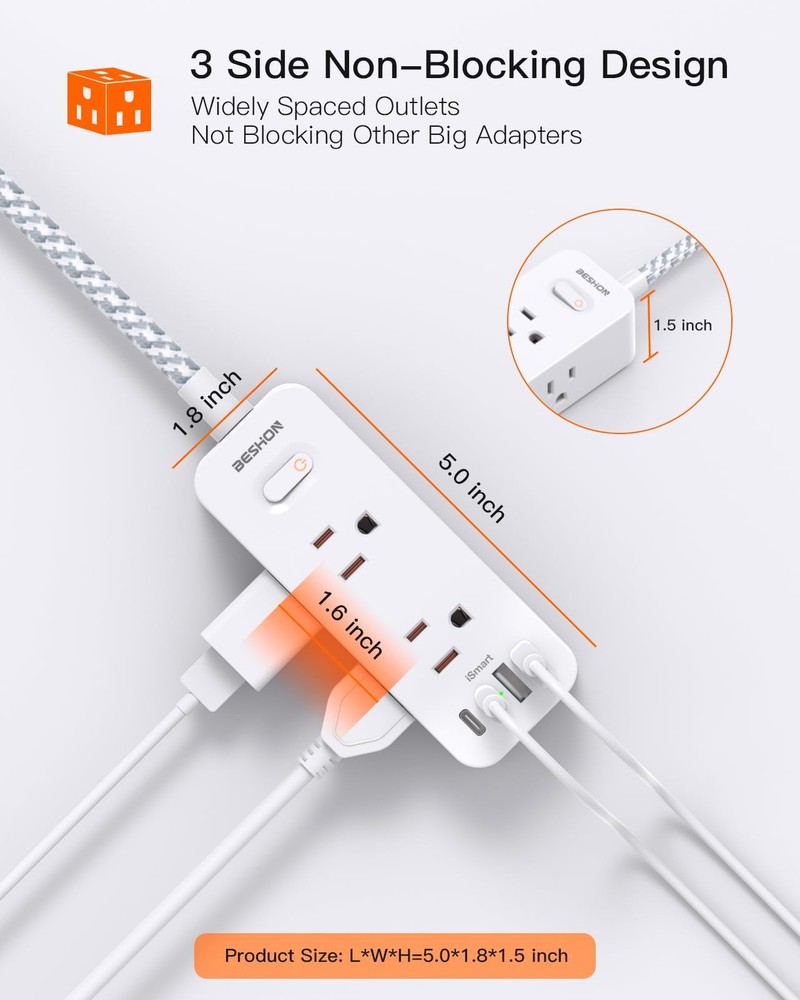 Power Strip Surge Protector, BESHON 5Ft Extension 5FT-Right Angle Plug, White