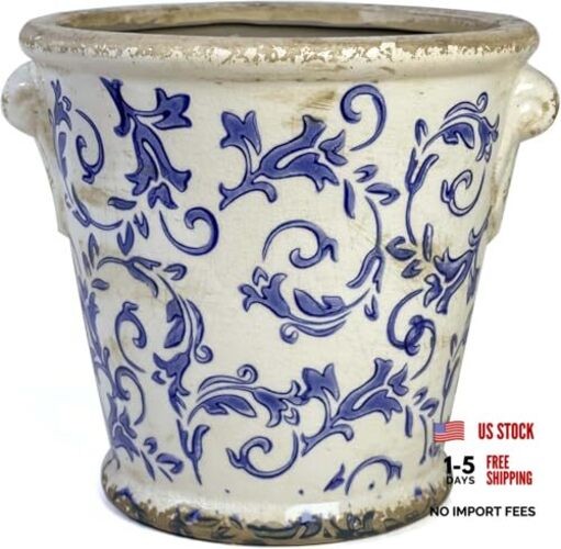 Vintage Planter Flower Pot Rustic Container with Handle Ceramic Ice Crack Blue