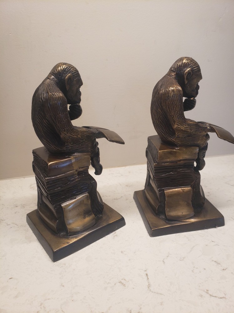 VTG Bronze Bookend Seated Chimpanzee Monkey Reading ..