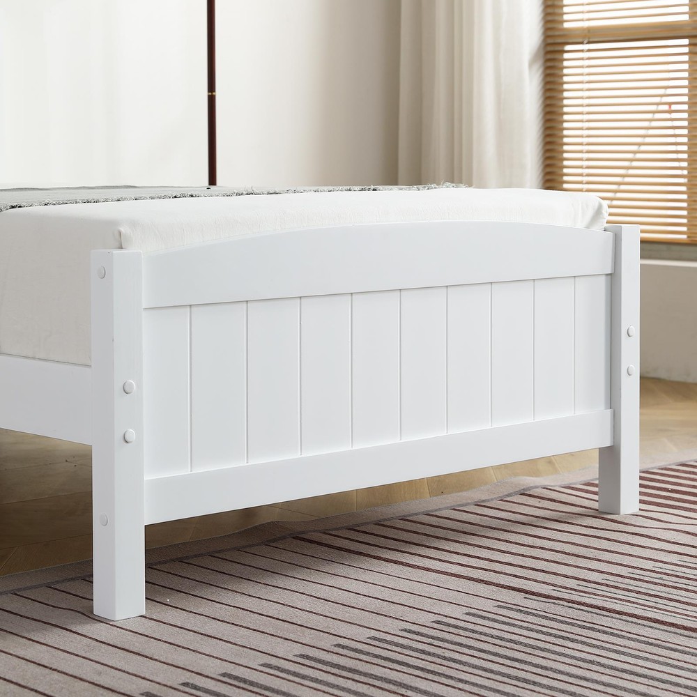 White Twin Size Solid Wood Platform Bed Frame Single Bed with Headboard