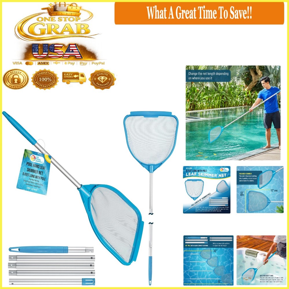 Pool & Spa Skimmer Net with Telescoping Pole 32"-5ft Fine Mesh Pool Cleaner