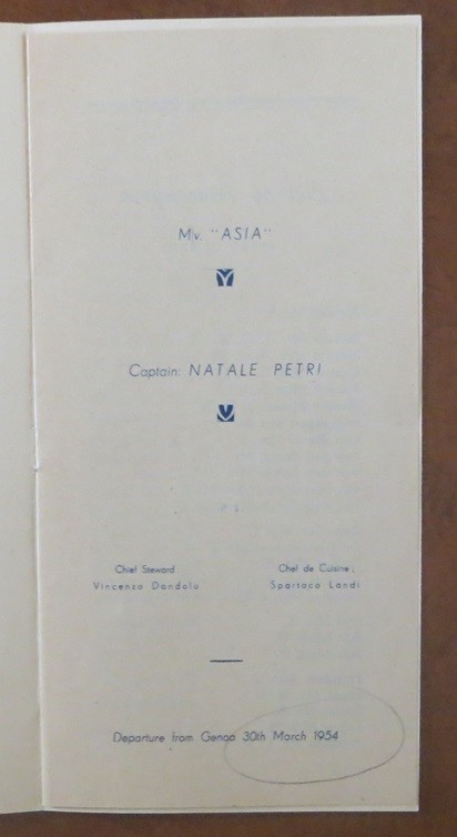 ASIA (Lloyd Triestino) 1954 First ClassPassenger List.