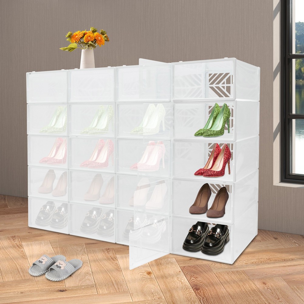 20 Pack White Plastic Shoe Boxes With Lids Stackable Storage Containers Organize