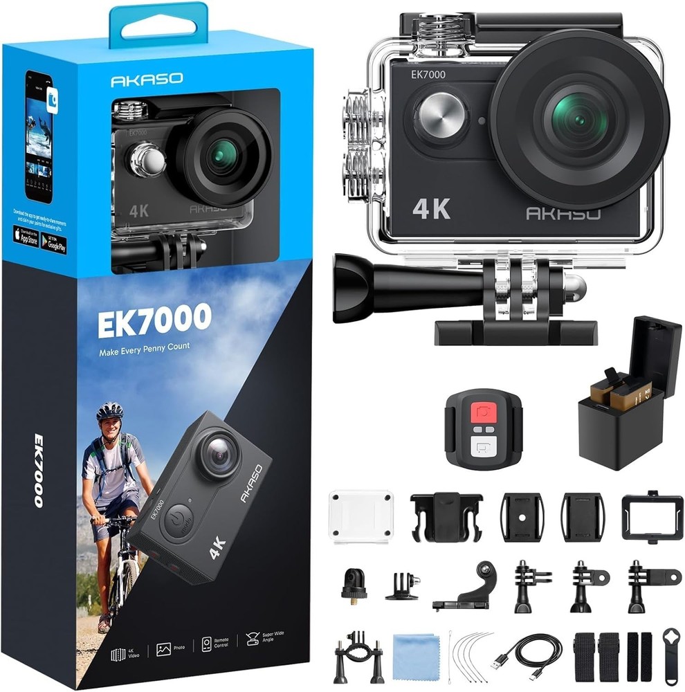 EK7000 4K 30FPS Action Camera, 20MP EIS, 131ft Waterproof, WiFi Remote Control