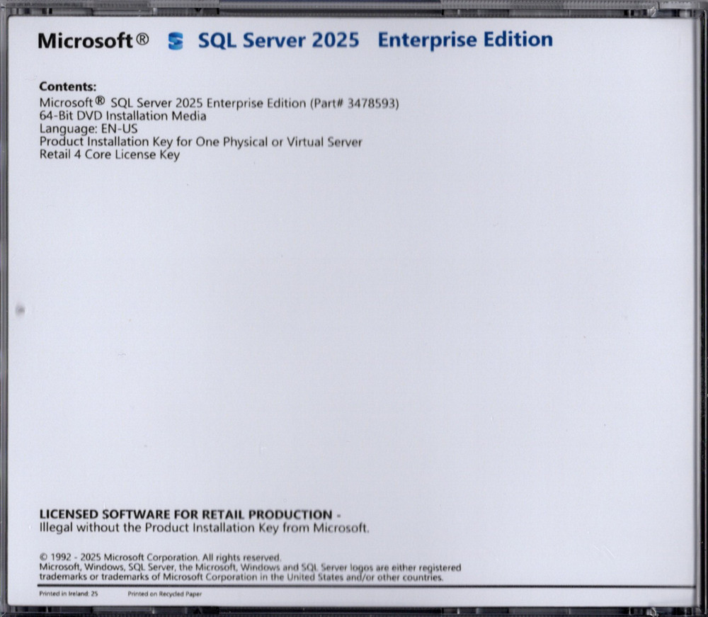 Microsoft SQL Server 2025 Enterprise with 4 Core License, unlimited User CALs