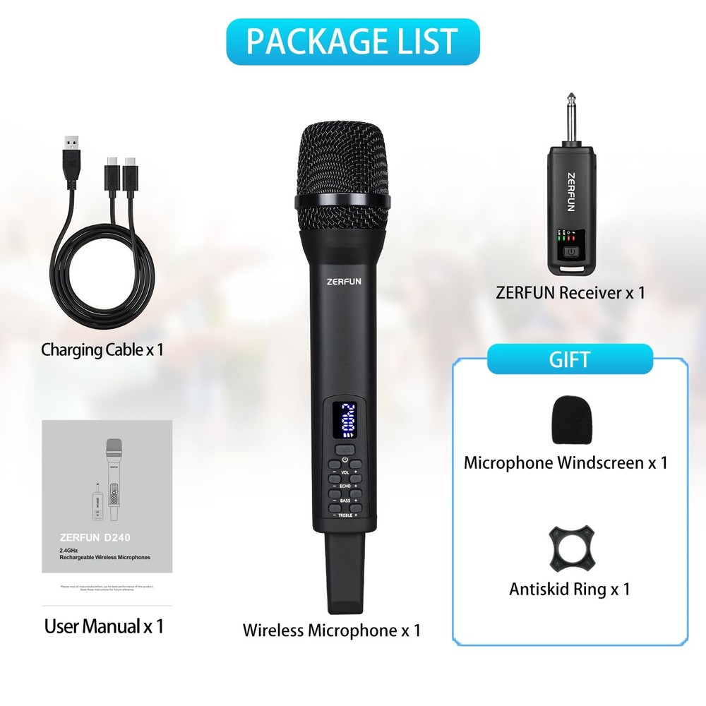 Rechargeable Wireless Microphone, Handheld Cordless Mics System Dynamic with ...