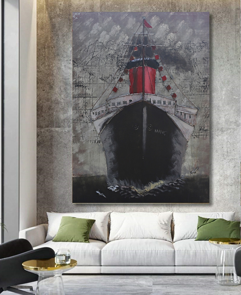 "Black Ship" Mixed Media Iron Hand Painted Dimensional Wall Art