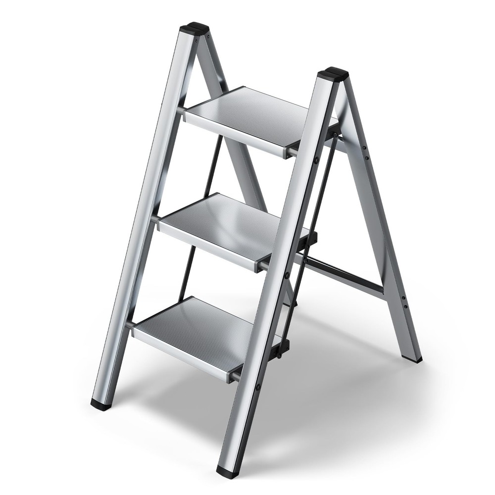 HillhutApex 3 Step Stool, Aluminum Foldable Ladder, 3 Step, Silver