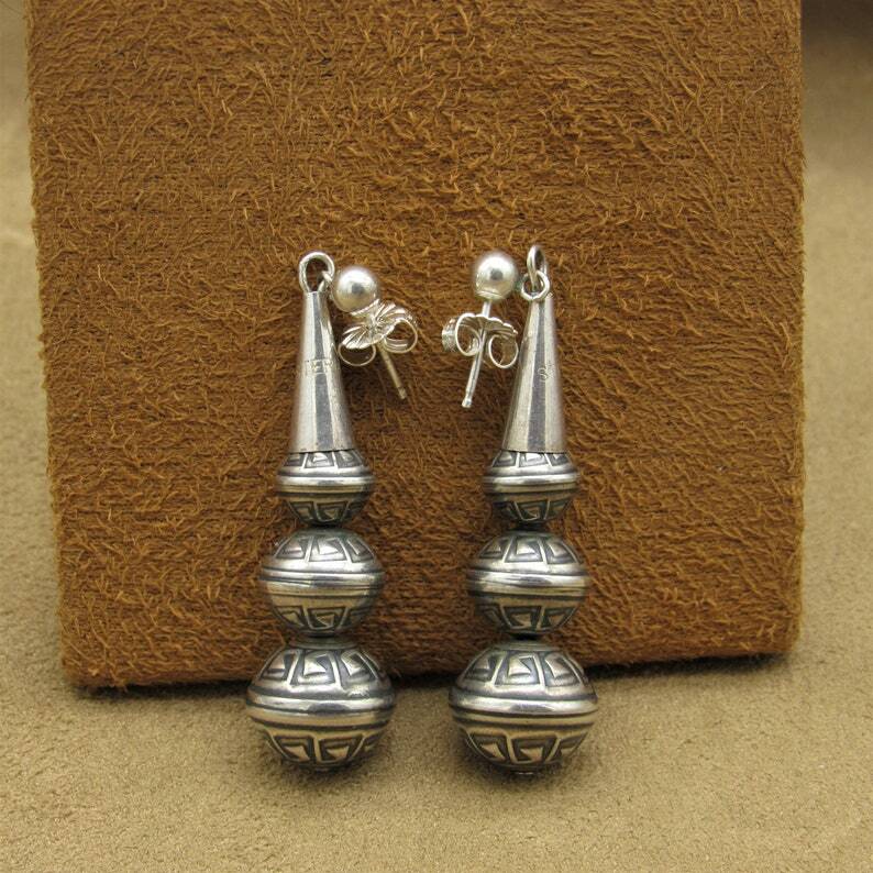Sterling Silver Graduated Stamped Bead Dangle Post Earrings
