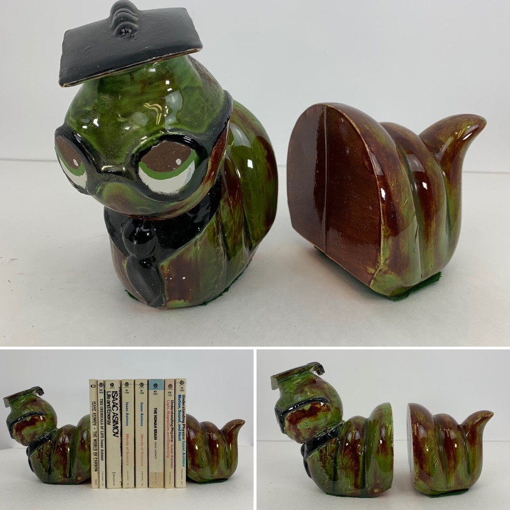Vintage Mid Century Bookends Bookworm Green Brown Ceramic Boho