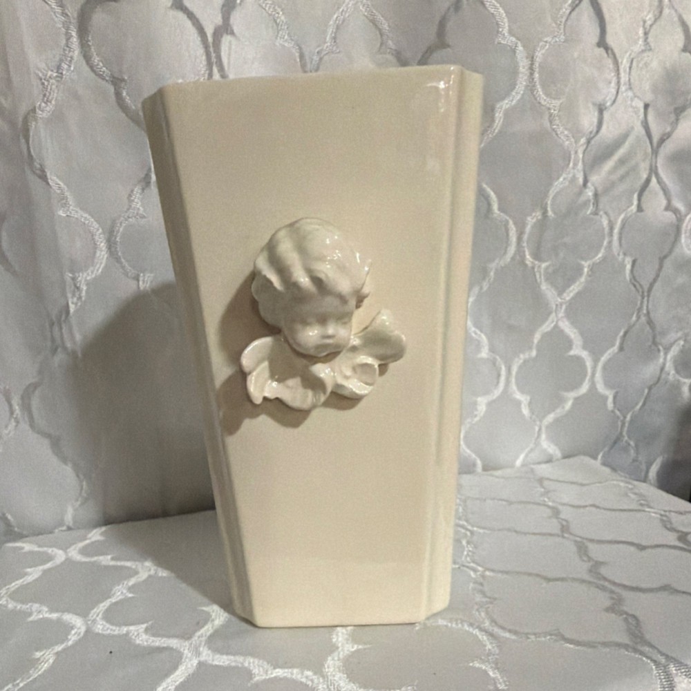 White Ceramic Angel Relief Decorative Vase Glossy Solid Pottery