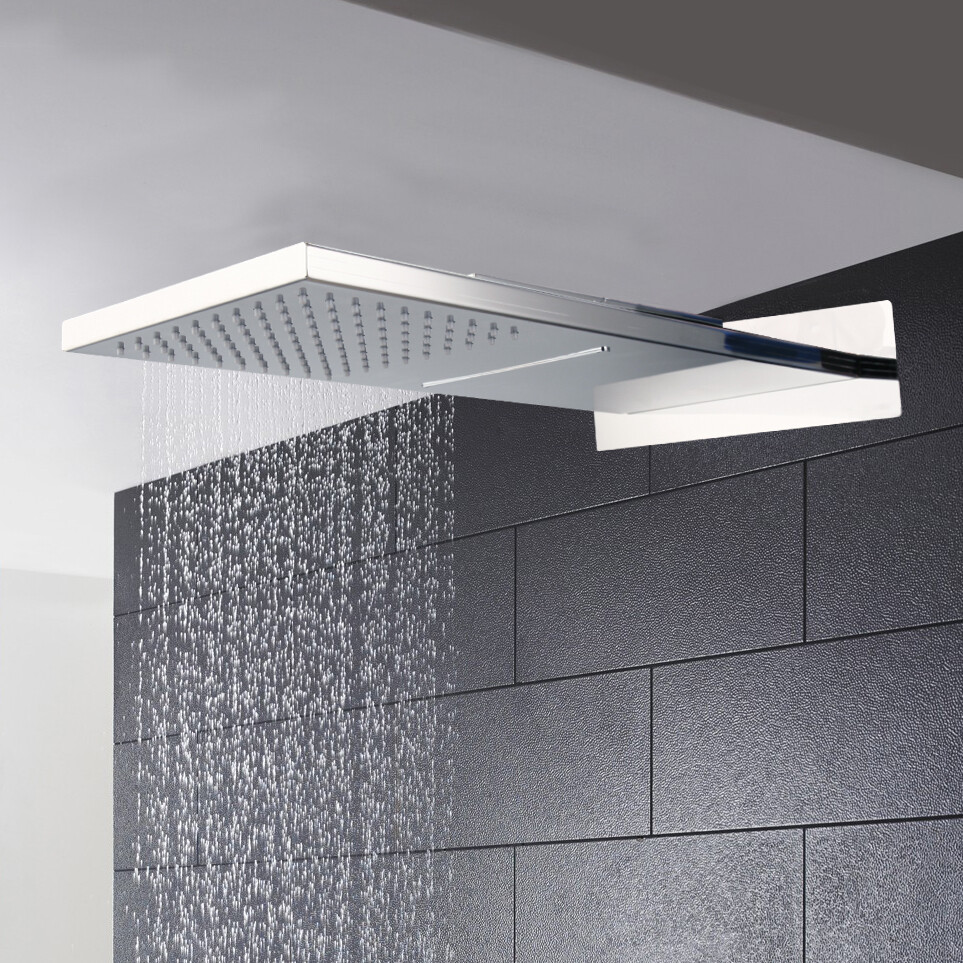 Chrome Rainfall&Waterfall Spout Shower Head Rectangle Wall Mount Mixer Brass Tap