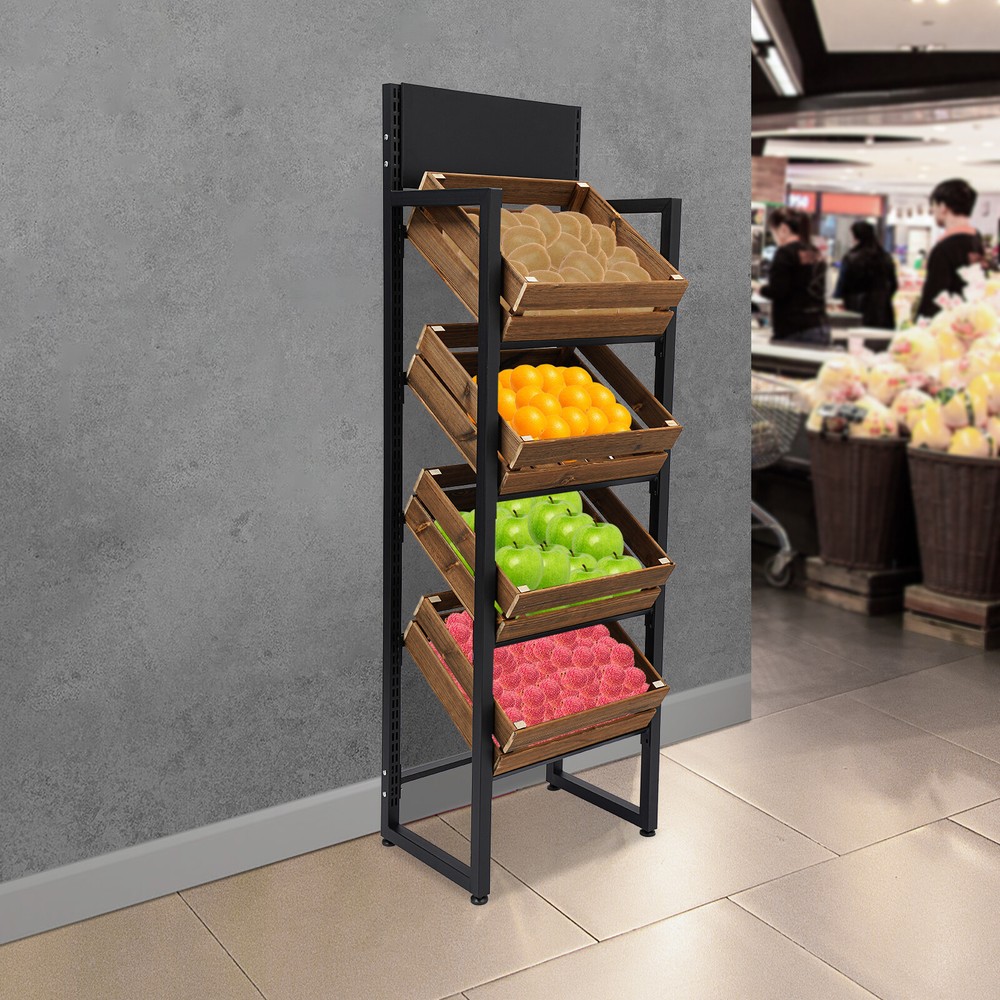 Market Retail Display Rack, Wood Fruit Vegetable Storage Rack Fruit Basket Stand