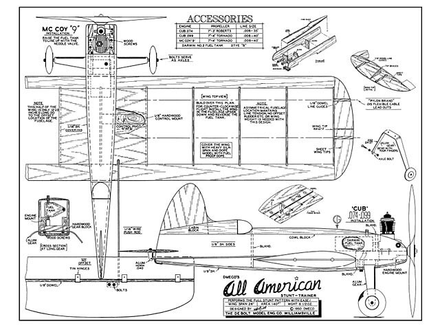 All American 1/2A Control Line 26" RC Model Airplane Printed Plans &Templates