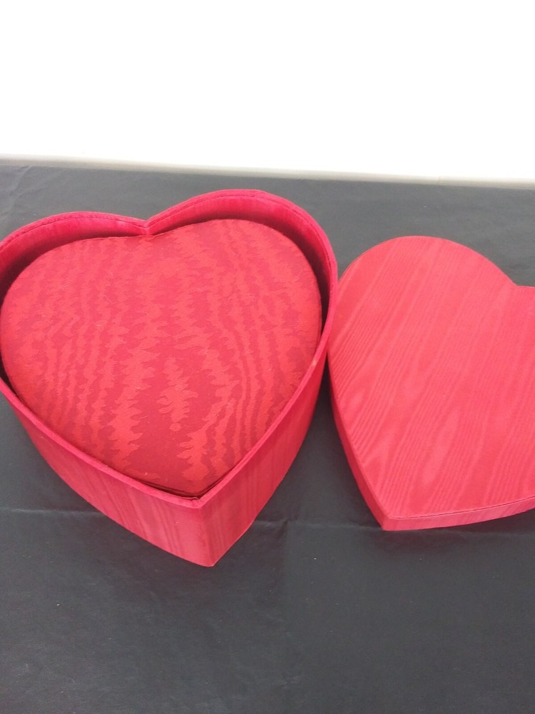 2 Red Fabric Covered Stacking Nesting Heart Boxes Satin Moire & Brocade Wedding