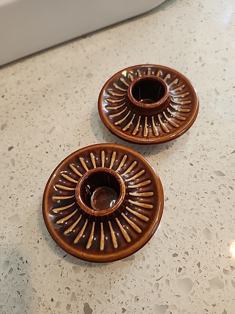 Vintage Stoneware Candle Holder Pair Brown