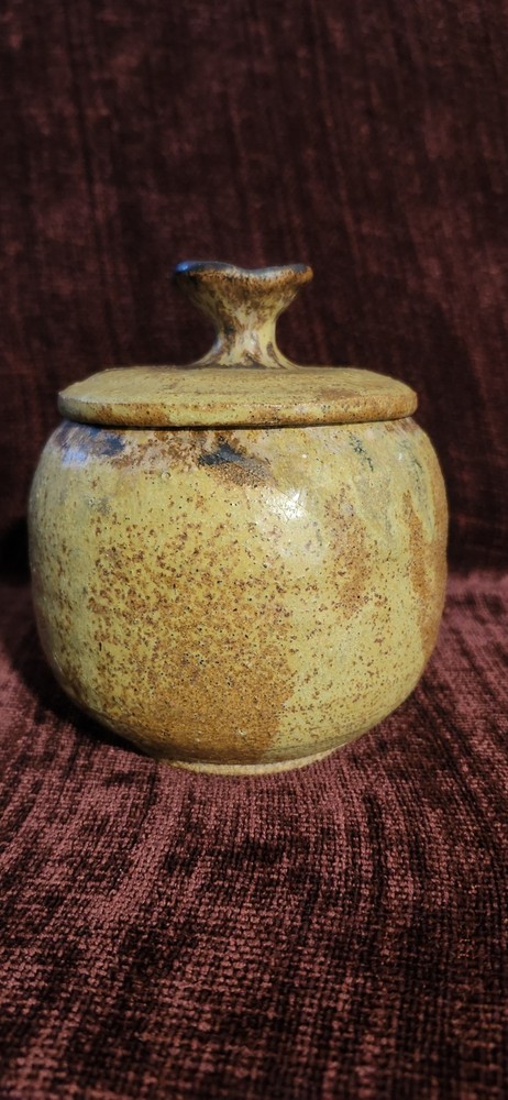 Signed Pottery Lidded Jar Speckled Stoneware Else Moyer