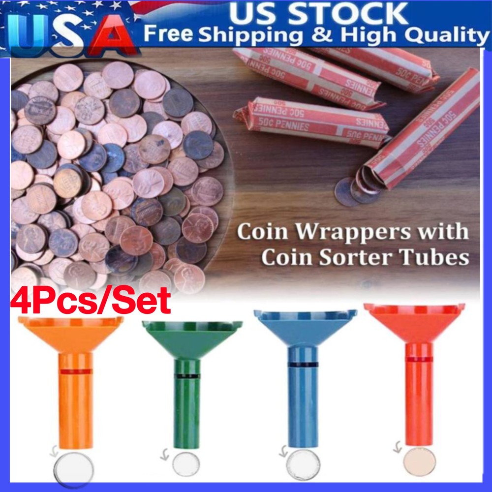 4Pcs Coin Counters & Coin Sorters Tubes Assorted Wrappers Counters Color-Coded