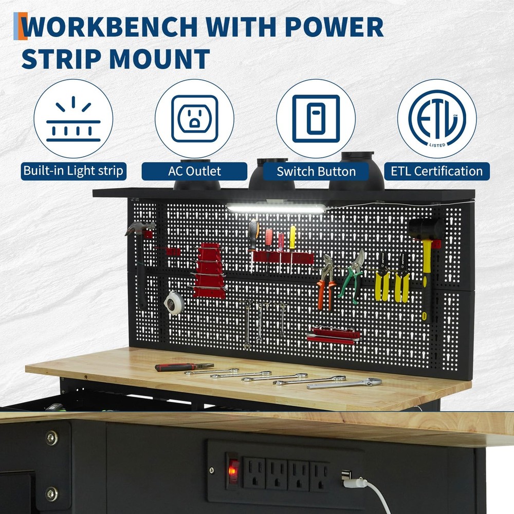 60" Adjustable Heavy Duty Workbench 2000 LBS Work Table with 2 Drawers LED Light